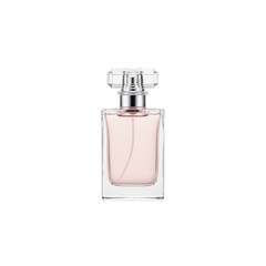 Luxury glass perfume bottle with transparent liquid isolated on white background