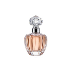 Luxury glass perfume bottle with pink liquid isolated on a white background