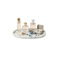 marble tray with perfume bottles and jewelry, on white background