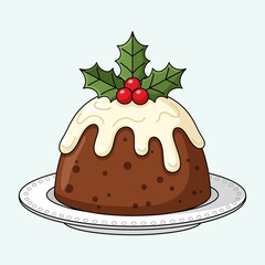 Traditional Christmas pudding with holly and berry garnish, festive holiday dessert illustration