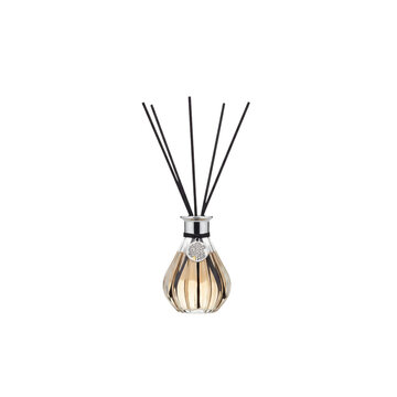 elegant diffuser bottle with black reeds, minimalist white setting, on white background