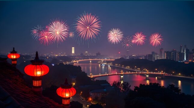 Nighttime Fireworks Display over Cityscape with Red Lanterns and Bridges