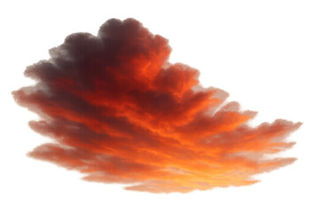 Vibrant cloud burning in orange and red sunset light with dark elements, isolated on transparent background