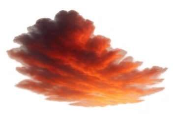Vibrant cloud burning in orange and red sunset light with dark elements, isolated on transparent background