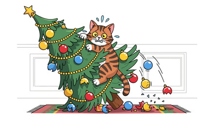 Mischievous Cat Climbing Christmas Tree