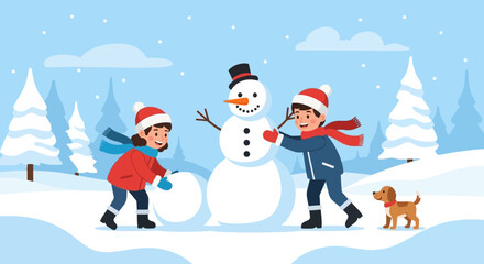 Children building a snowman in a snowy landscape