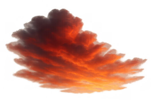 Vibrant cloud burning in orange and red sunset light with dark elements, isolated on transparent background