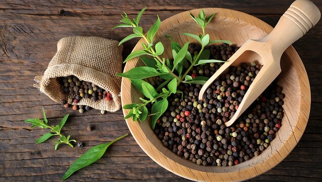 Mixed peppercorns and fresh green herbs arrangement on a rustic wood surface