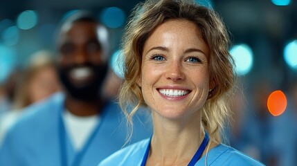 A cheerful female healthcare worker with bright blue eyes and freckles smiles at the camera, with a blurred male colleague behind her.