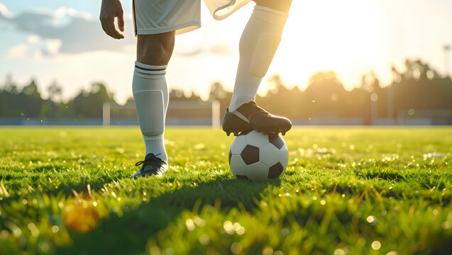 Soccer Player Ready to Play: A focused soccer player, poised on a sunlit field, has a ball underfoot, symbolizing preparation for the game's beginning.