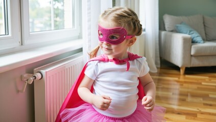 Cute little girl in superhero costume with pink mask and cape standing in front of radiator