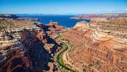 Aerial view of the winding river through the red rock canyons near moab, utah with blue sky above