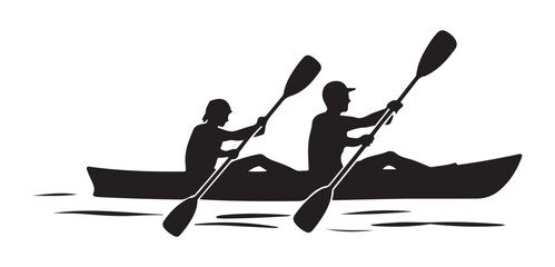  Two people kayaking together in a tandem kayak on the water silhouette