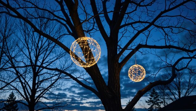 Two decorative light orbs hanging from a bare tree at dusk create a festive holiday atmosphere - Powered by Adobe