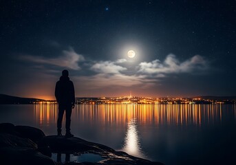 Fototapeta premium A lone figure stands silhouetted against a vibrant moonlit sky overlooking a glowing city reflected in calm water