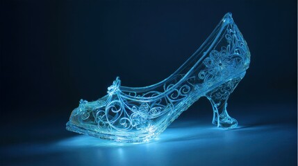 Beautiful photo of transparent glass cinderella shoe with intricate designs on luminous blue background.