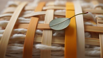 Organic textures natural materials woven basket with single leaf concept design