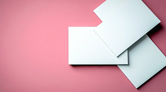 Three blank white envelopes are arranged in a scattered, overlapping pattern on a solid pink background, viewed from directly above.