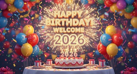 Fototapeta premium Let's Celebrate a Happy Birthday and Welcome the New Year 2026 with Colorful Balloons, Gifts, Cake, and Festive Fireworks, A Magical Celebration