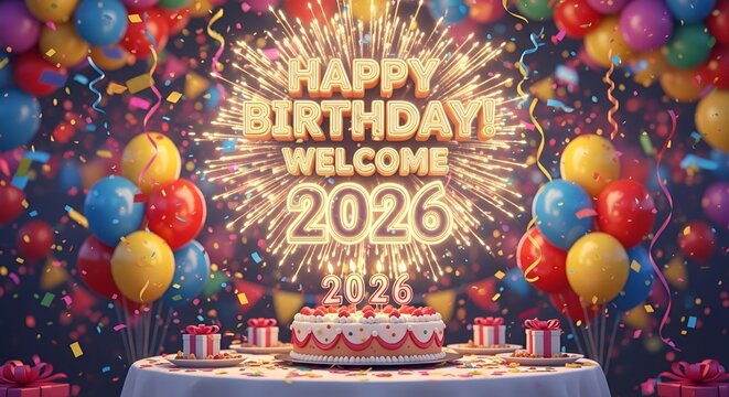 Let's Celebrate a Happy Birthday and Welcome the New Year 2026 with Colorful Balloons, Gifts, Cake, and Festive Fireworks, A Magical Celebration