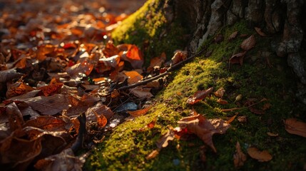 Obraz premium moss on tree, lichen on tree, Autumn leaves and moss covered tree trunk in golden sunlight scene, Fallen Leaves on Mossy Ground Near Tree in Autumn Forest