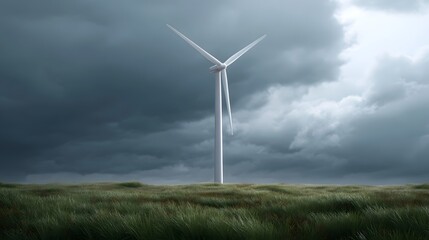 Obraz premium A solitary wind turbine stands tall in a grassy field beneath a dramatic dark and stormy sky