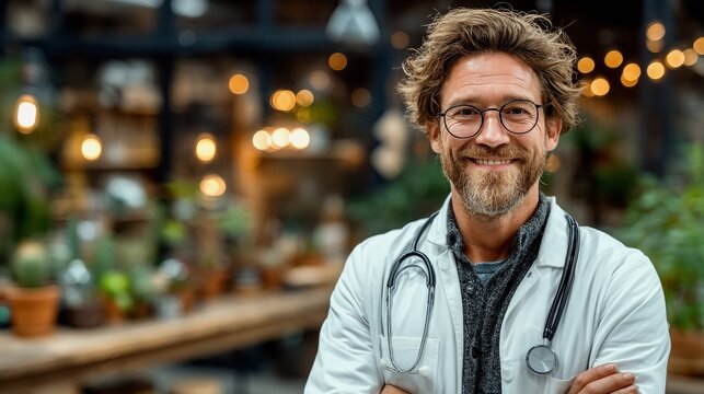 A friendly, middle-aged doctor wearing glasses and a white lab coat with a stethoscope around his neck, smiling confidently.