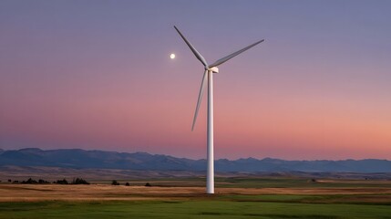 Fototapeta premium A solitary wind turbine stands in a vast field under a vibrant purple and pink twilight sky with the moon visible