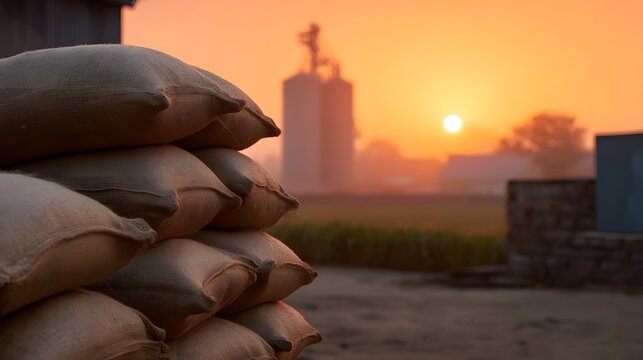 Stacked burlap sacks in a rural farm scene at sunrise with silos in the background under a hazy sky