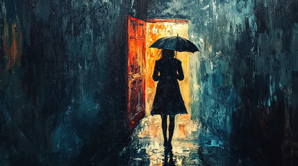 A woman in a raincoat with an umbrella, walking toward a brightly lit door at the end of a dark alley, her face determined yet cautious as she faces an uncertain destination