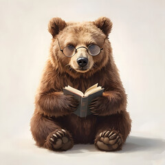 cute old brown teddy bear reading a book  isolated on white background