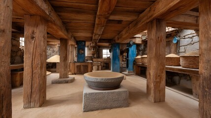 Rustic traditional mill interior with wooden beams and large stone grinding stone