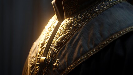 Ornate historical clothing detail with gold embroidery and dark background