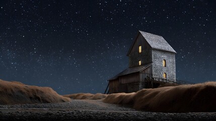 An old stone mill is illuminated by warm light from its under a vast deep starry night sky