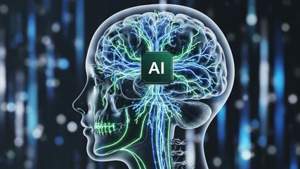 Futuristic AI brain visualization with glowing neural network and digital background - Powered by Adobe