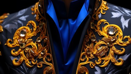 Ornate royal blue and gold garment with embellishments close up