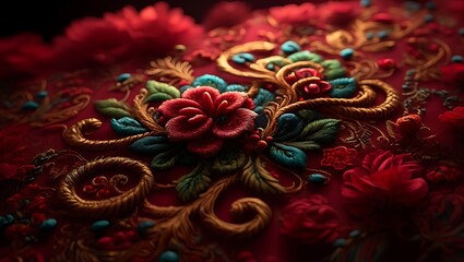 Ornate Red Floral Pattern Fabric with Embossed Gold Details Decoration