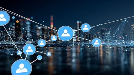 Digital network connecting people with city skyline at night, showcasing technology and connectivity - Powered by Adobe