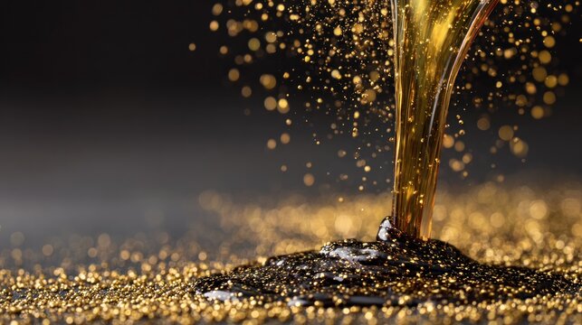 A stream of golden liquid pours onto a bed of glittering gold dust.