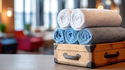 A neatly folded stack of towels on a wooden suitcase.