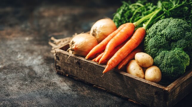 A wooden crate filled with fresh vegetables including carrots, potatoes, and broccoli.