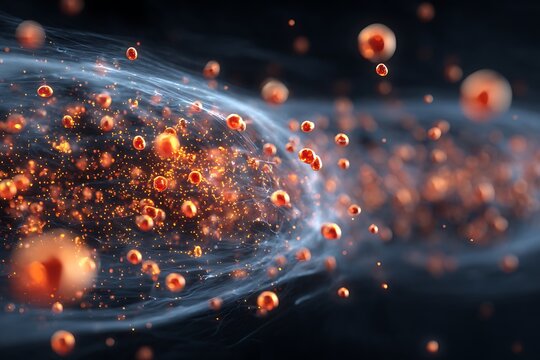 Stunning visualization of glowing cells and particles moving through a dynamic fluid stream for science, medicine, or technology concepts