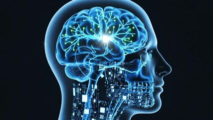 Digital brain with glowing neural network and circuitry in human head silhouette