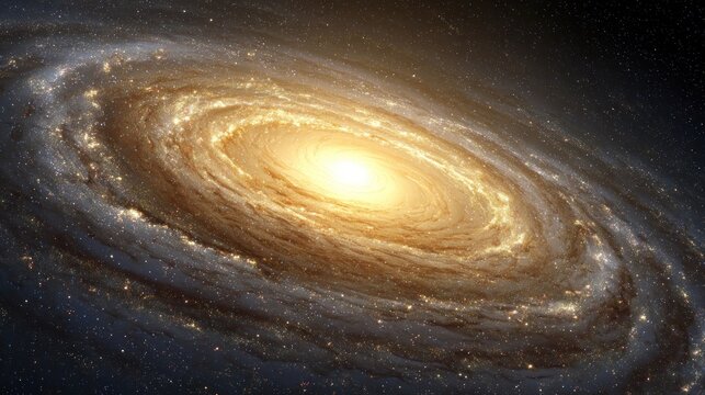 A spiral galaxy with a bright central region and a ring of stars and dust. - Powered by Adobe