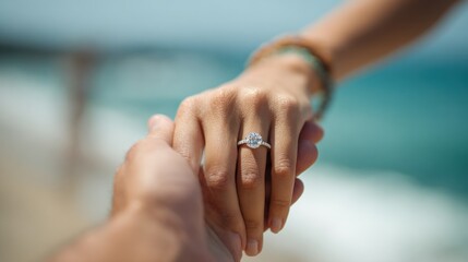 A couple holding hands on a beach with a beautiful turquoise ocean in the background.