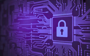 Purple circuit board with a padlock representing data and network security