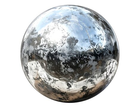 Metallic sphere with a reflective, mottled surface, suggesting imperfections. The sphere's gleam captures highlights with a slightly cloudy texture - Powered by Adobe