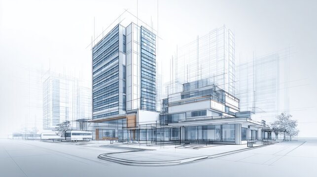 A modern architectural drawing of a cityscape with high-rise buildings and a street scene. - Powered by Adobe