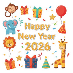 Obraz premium Cute cartoon animals celebrating Happy New Year 2026 with gifts and balloons