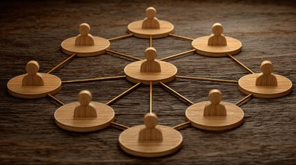 A wooden block with a human figure on it, connected by a network of lines to other wooden blocks, forming a circular structure on a wooden surface.